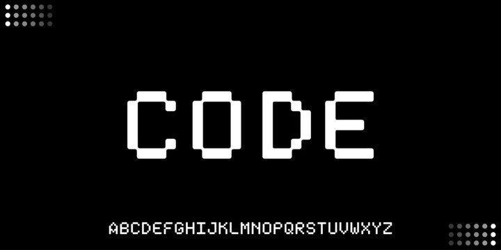 CODE word in pixelated typography with technical alphabet layout.