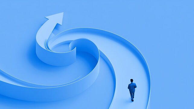 Man walking on a winding path toward a large upward arrow, representing business strategy, long-term growth, and corporate success, 3D render