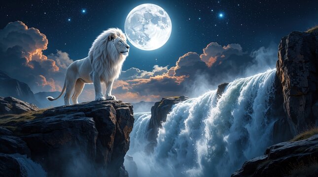 White lion stands on high cliff edge by waterfall at night. Giant full moon shines in starry sky behind wild animal. Noble beast overlooks flowing water in dark landscape. Fantasy scene with powerful