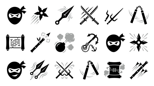 Black and white ninja icon set featuring assassin mask, shuriken, katana, kunai, nunchaku, scroll, smoke bomb and ancient weapons, representing martial arts game design and warrior culture