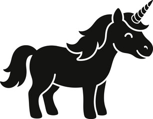 Fototapeta premium Black Unicorn Silhouette Vector Illustration - Cute and Minimalist Mythical Creature Design for Kids' Apparel, Fairy Tale Themed Projects, and Magical Branding, Isolated Graphics.