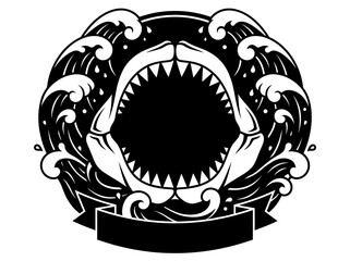 Naklejka premium Stylized Shark Jaws and Ocean Waves Emblem with Blank Ribbon Banner Vector Art