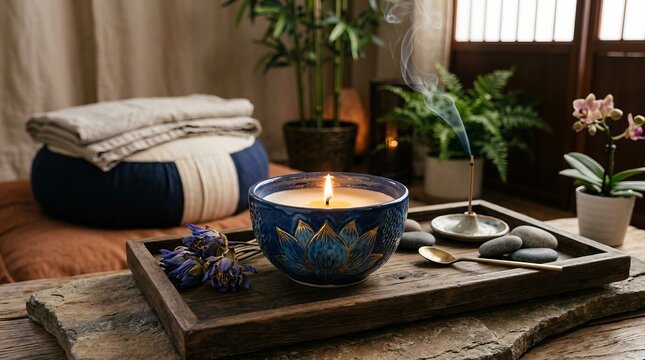 Cozy home spa setup with candles and natural relaxation elements.