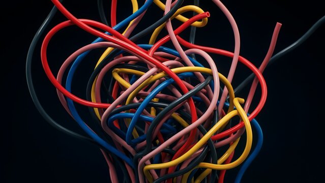 Abstract background of colorful tangled electrical wires or cables on a dark background