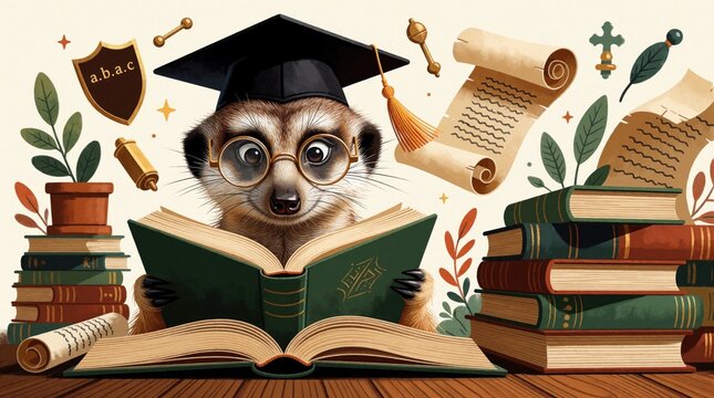 Cute meerkat wearing black graduation cap, round glasses reads large open book. Academic animal sits at table surrounded by piles of literature papers scrolls shields, plants. Smart scholar character