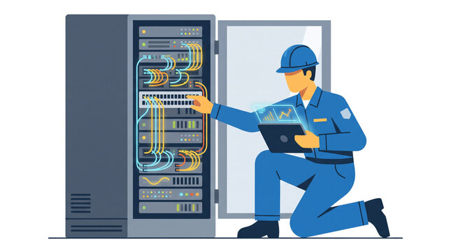 IT technician working on server rack in data center.