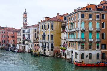 The city of Venice and the view of the Grand  Canal with ferry boat, gondola and water taxi from Rialto bridge  © PaBou