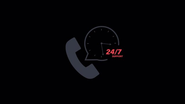 Animated 24/7 Customer Support Icon with Rotating Clock Hands - Transparent