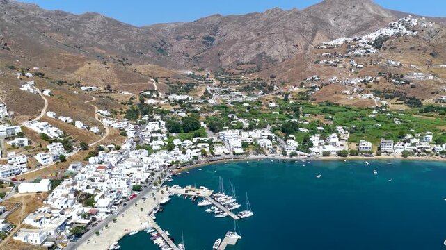 Panoramic aerial view of the town and port of Livadi at Serifos island, Cyclades, Greece, during a sunny summer day