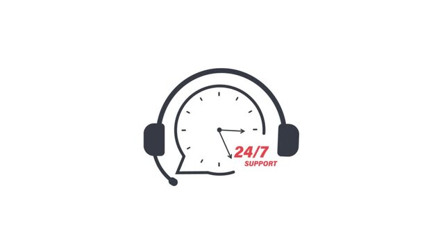 24/7 Customer Support Icon Animation with Clock and Headset