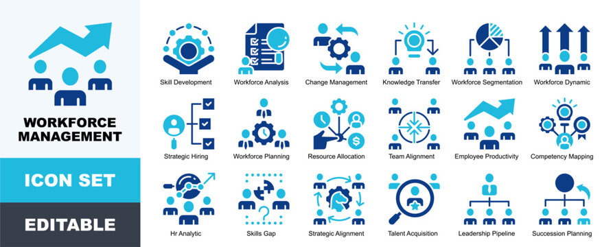 Workforce Management Icon Pack Featuring Skill Development, Analysis, Change Management, Knowledge Transfer, Segmentation, Dynamic, Strategic Hiring, Allocation