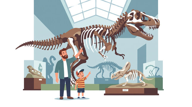 Father and son admire dinosaur skeleton exhibit in museum.
