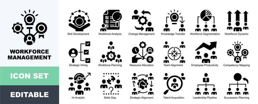 Workforce Management Icon Pack Featuring Skill Development, Analysis, Change Management, Knowledge Transfer, Segmentation, Dynamic, Strategic Hiring, Allocation