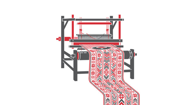 Traditional weaving loom creating intricate patterned fabric with red