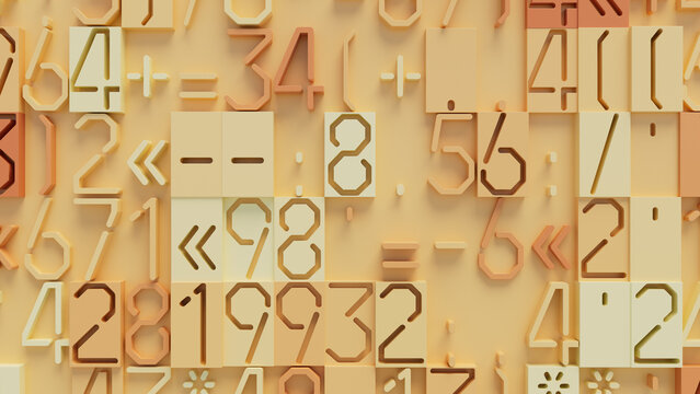 Vibrant Abstract Mosaic of Stylized Numbers and Geometric Shapes in Orange, and Yellow on Neutral Background, Perfect for Creative Industries and Graphic Design Projects