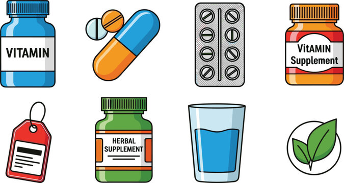 Vitamin Supplements and Herbal Supplements with Pills, Capsules, and Water Featuring Supplement, Pill, Capsule with Bottle