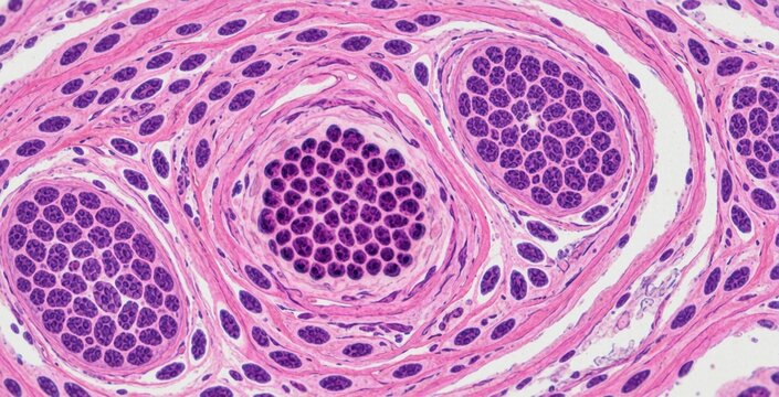 Histology slide shows nerve tissue cross section under microscope. Multiple nerve fascicles bundle together surrounded by connective tissue. Purple stained cell nuclei appear densely packed within