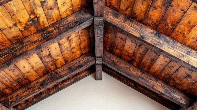 Rustic wood ceiling with triangular beams, stained dark, against a white wall