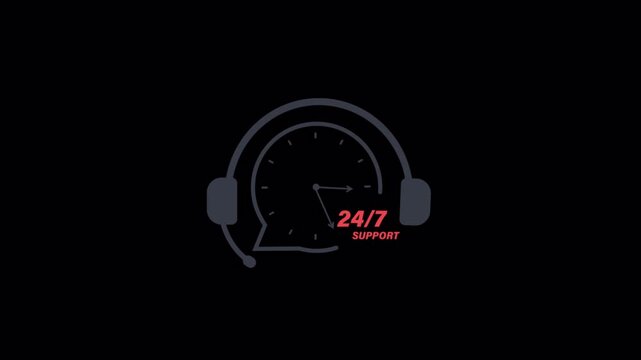 24/7 Customer Support Icon Animation with Clock and Headset - Transparent