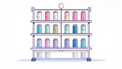 Obraz premium Colorful paint cans organized on a metal shelf.