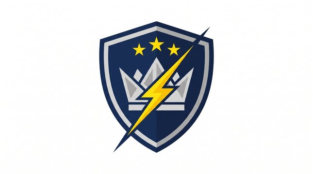 Power lightning bolt and silver crown shield esports team logo vector illustration isolated