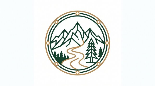 Minimalist line art mountain landscape logo design in round frame vector illustration