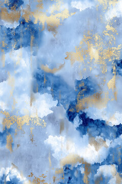 A vertical abstract painting reminiscent of cloudy blue skies and soft white wisps highlighted by floating metallic gold leaf flakes