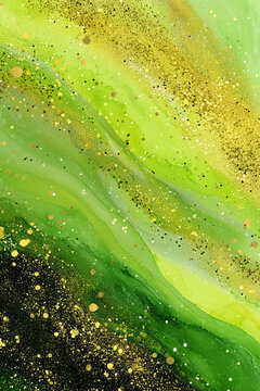 A vertical abstract composition of vibrant lime green and yellow fluid ink waves embellished with glittering gold particles and deep dark accents