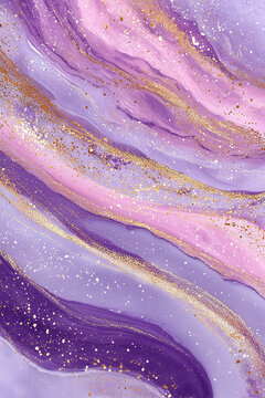 Vertical abstract background featuring flowing purple and lilac liquid marble patterns embellished with fine golden dust