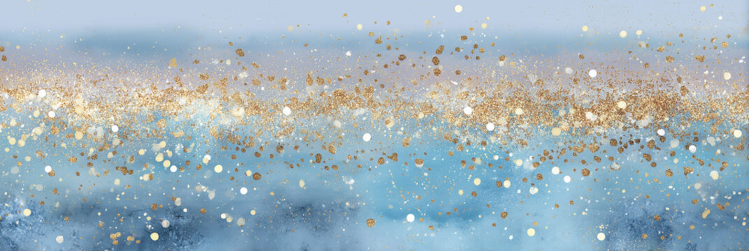 Wide horizontal banner displaying soft blue watercolor gradients illuminated by golden glitter specks and light bokeh