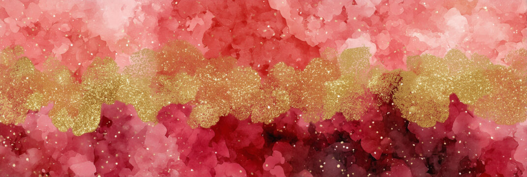 Horizontal banner showcasing watercolor red gradient textures accented with a strip of glowing golden glitter particles