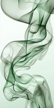 Elegant vertical illustration of green flowing translucent smoke waves swirling softly against a light pale background