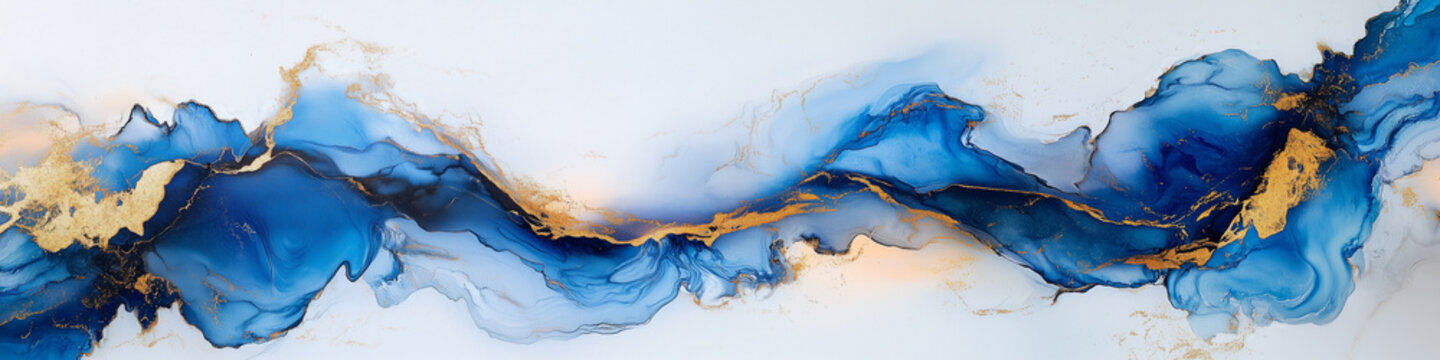 Wide horizontal panoramic banner featuring flowing blue alcohol ink waves decorated with gold metallic leaf accents on white background