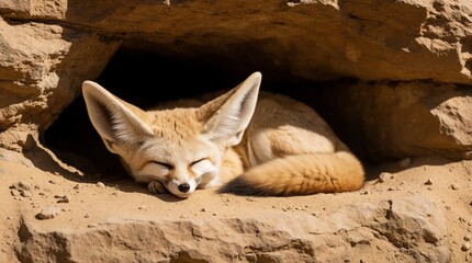 Fototapeta premium Small desert fox slepic soundly in sandy cave opening. Its large ears rest, fur blends with arid environment. Animal finds shelter from sun in rocky den.