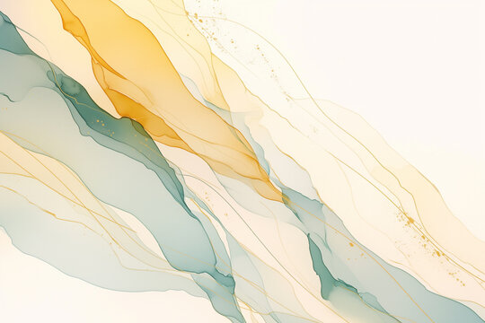 Ochre yellow and teal green alcohol ink abstract texture background showcases flowing liquid waves combined with shimmering golden accents