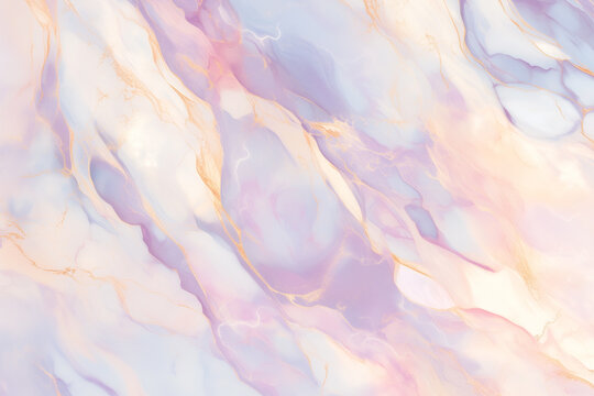 Pastel lilac purple peach and gold veined marble liquid background displays a luxurious glossy fluid texture with delicate shimmering details