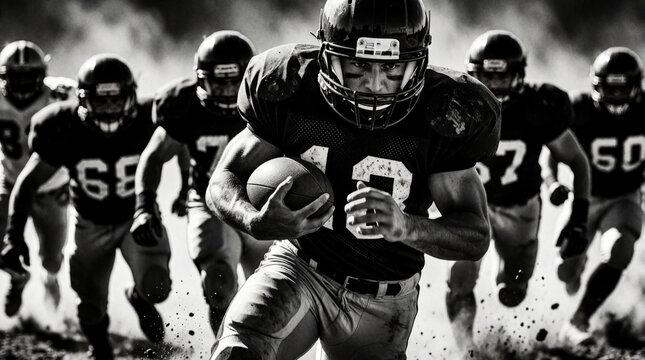 American football players run during intense game. Athlete carries oval ball forward team follows behind on field. Pro sportsmen wear helmets, uniforms in competitive match. Black, white action shot