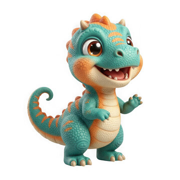Cute cartoon baby dragon with teal and orange striped scales isolated on transparent background