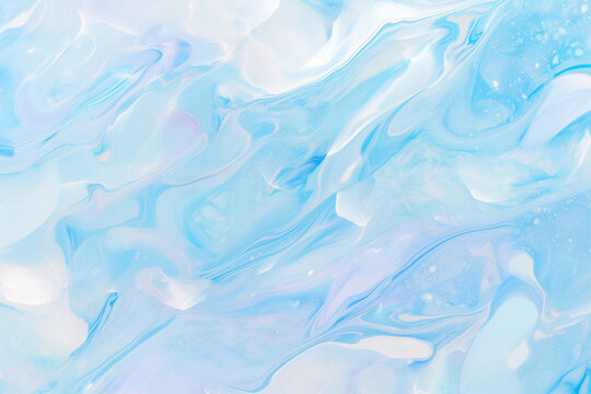 A serene pastel blue pink and violet liquid marble background showcasing smooth organic fluid swirls and iridescent reflections.