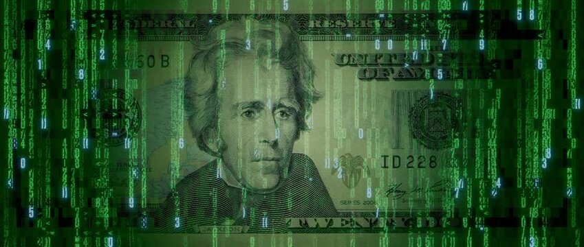 Digital Currency Concept with Twenty Dollar Bill made from Animated Numbers and Symbols. Innovative Finance Background.