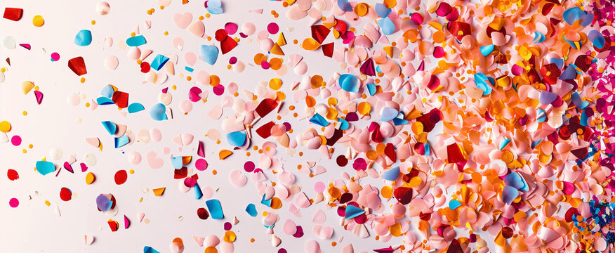 Festive top view composition of bright colorful paper confetti scattered across a light pastel pink background for celebrations