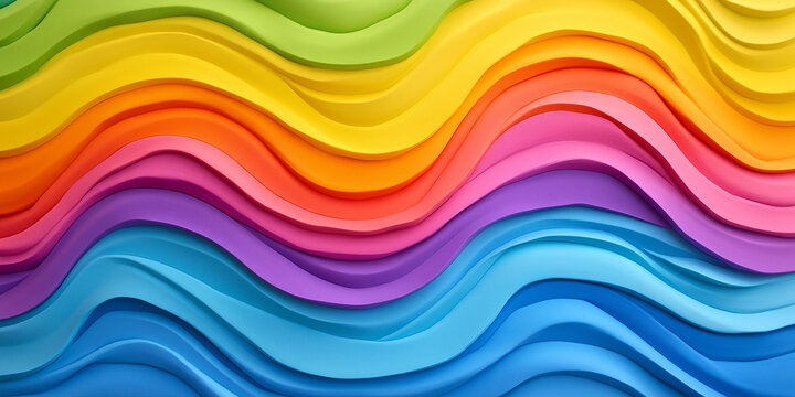 Abstract background featuring colorful layered paper cut waves creating a smooth 3D rainbow gradient effect from yellow to blue