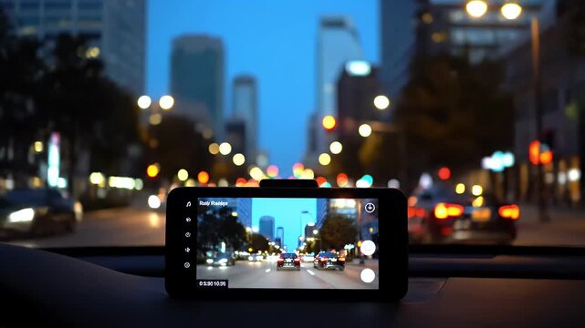 Smartphone dashcam recording city traffic at dusk with blurred street light bokeh
