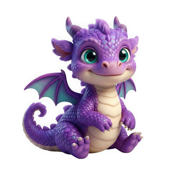 Cute baby purple dragon character sitting and smiling isolated on transparent background
