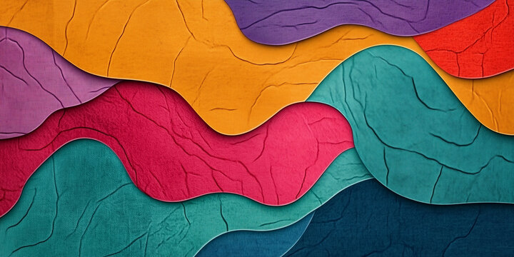 Layered textured paper cutout background with wavy organic shapes in vibrant orange magenta and teal green tones for creative projects