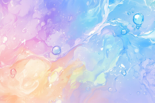 Dreamy abstract background featuring pastel pink and blue liquid swirls with floating water droplets and subtle glossy reflections