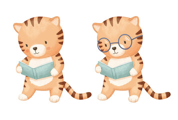 Cute tiger with glasses reading book. Watercolour isolated character on white background for children, hand painted safari animal