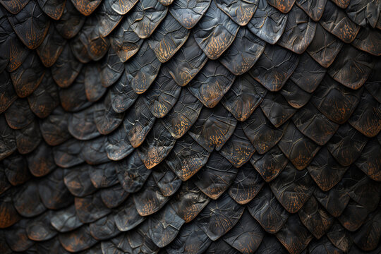 Detailed close up of dark gray and black overlapping armor scales giving a reptilian snake skin pattern for fantasy abstract background design