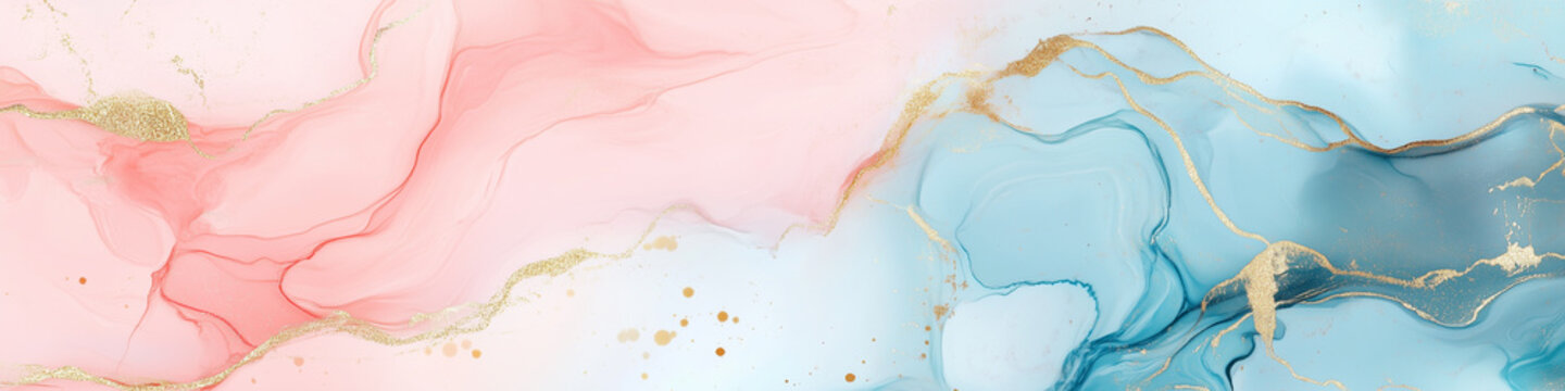 Soft pastel watercolor background banner with pink and turquoise fluid art swirling together with subtle shimmering gold veins and accents