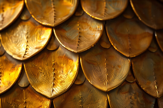 Rich golden metallic scale pattern with overlapping curved plates providing a striking dragon skin or fish armor texture for creative backdrops